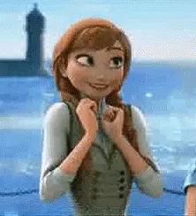 A six-panel image sequence shows the animated character Anna from Frozen, standing by a frozen waterfront with a lighthouse…