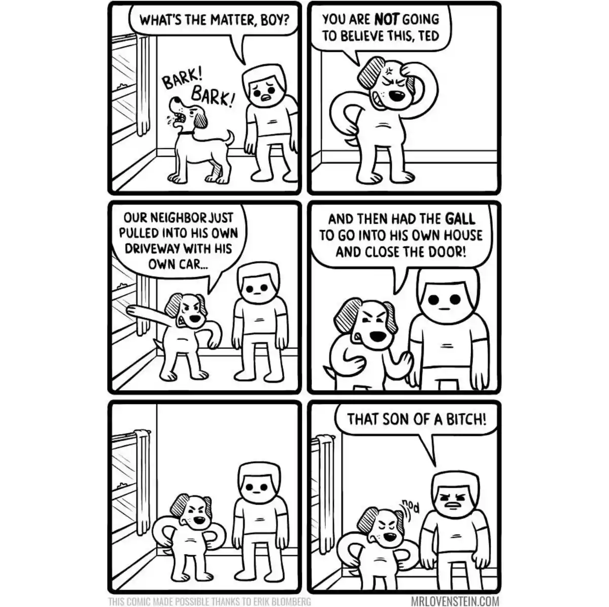 A six-panel black-and-white comic strip shows a dog angrily recounting to its owner how a neighbor drove into his own…