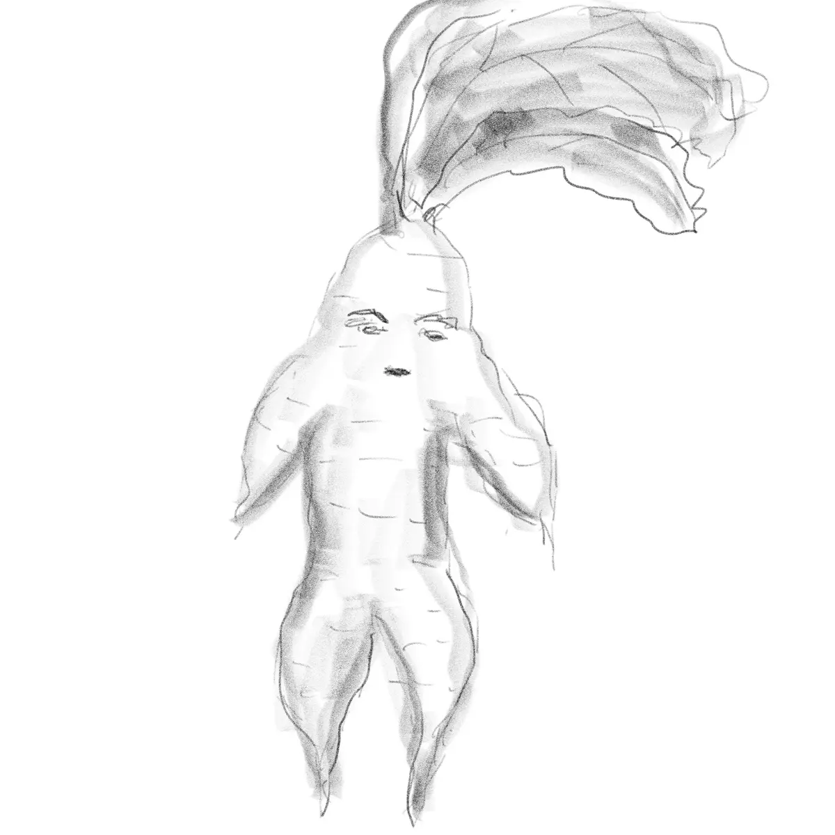 A black-and-white sketch depicts a human-like figure with a carrot body and leafy green top, drawn with simple lines and…