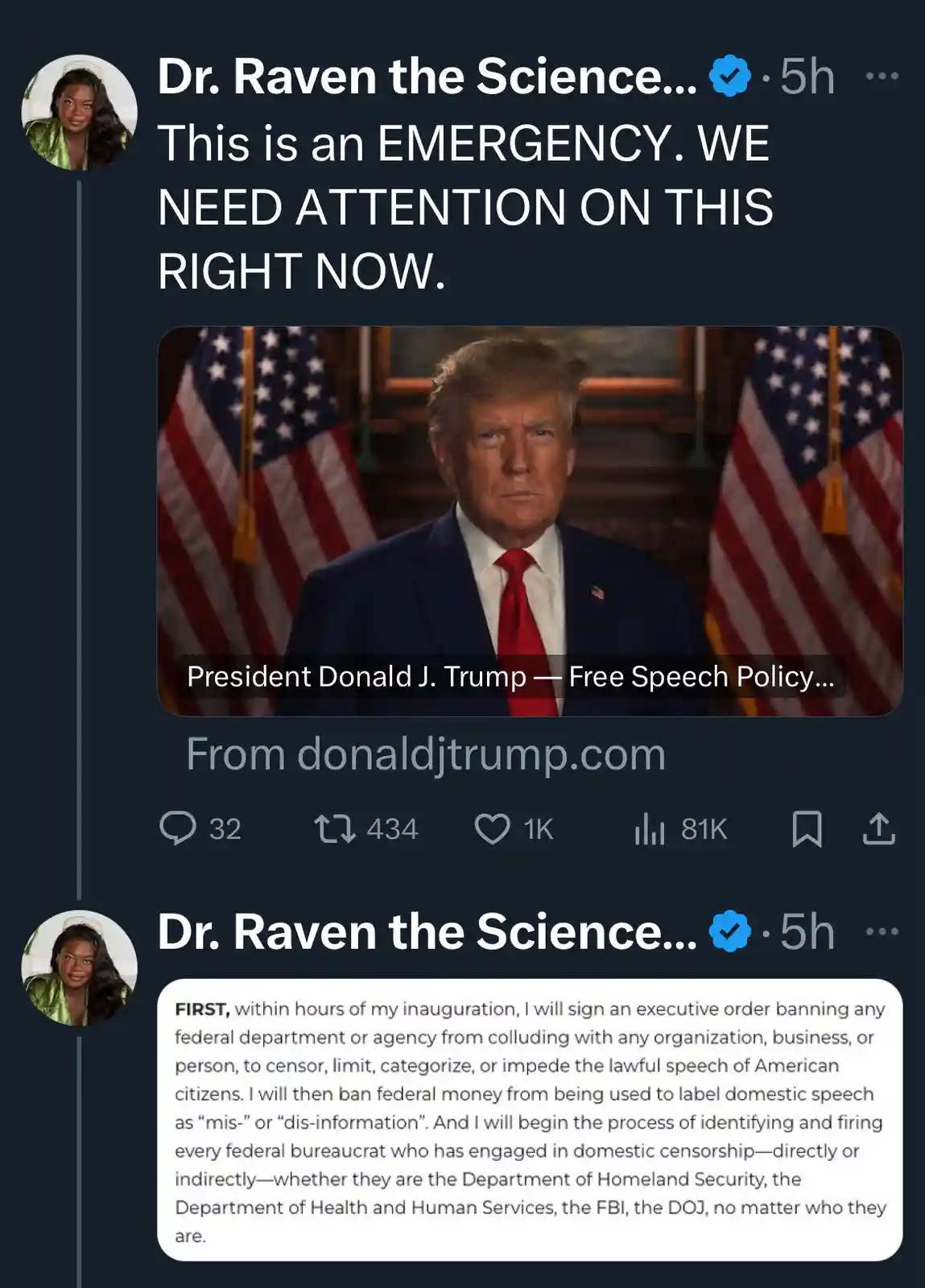 A screenshot of a social media post by 'Dr. Raven the Science...' shows a still image of Donald Trump in a suit with…