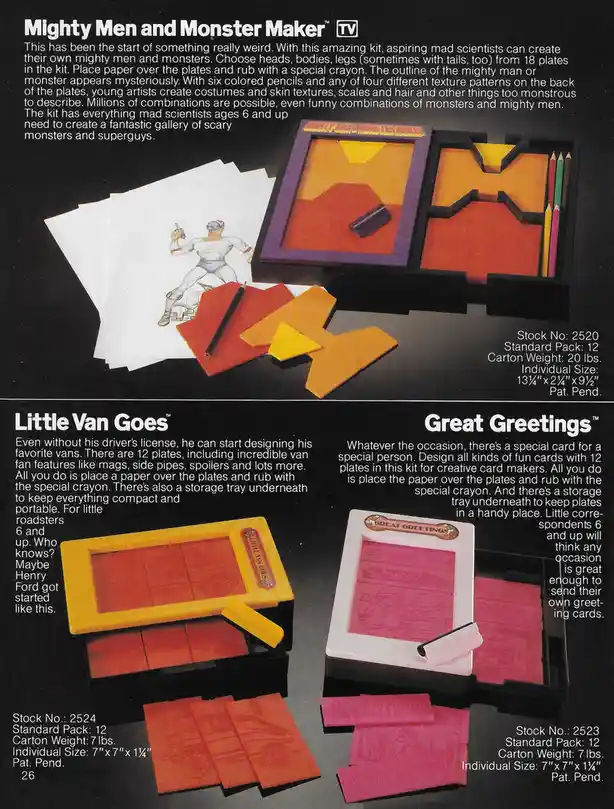 An advertisement page showing three vintage craft kits: 'Mighty Men and Monster Maker TV' with plates for drawing…