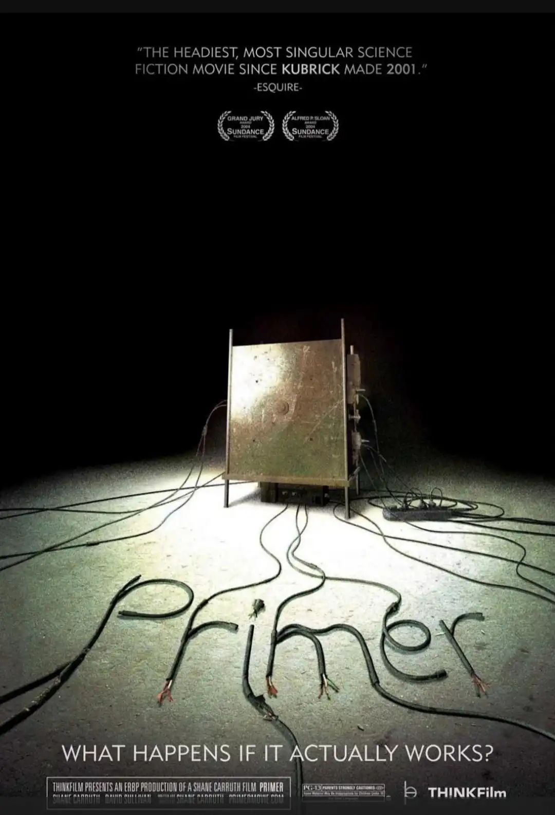 The image is a movie poster for 'Primer,' featuring a large, boxy, metallic machine with numerous black electrical wires…