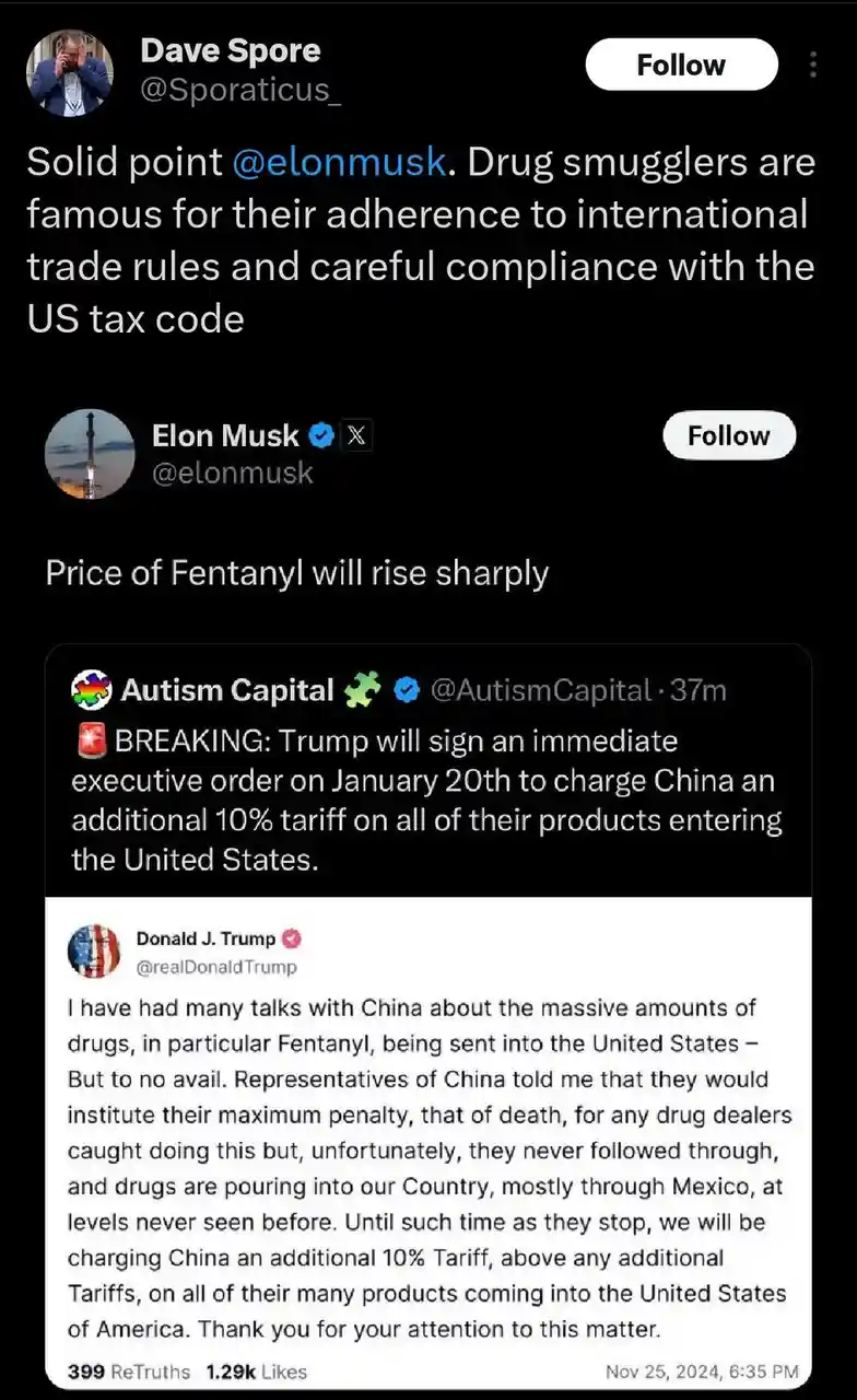 A screenshot of a Twitter thread showing a user named Dave Spore responding to Elon Musk's tweet about fentanyl prices. Dave…