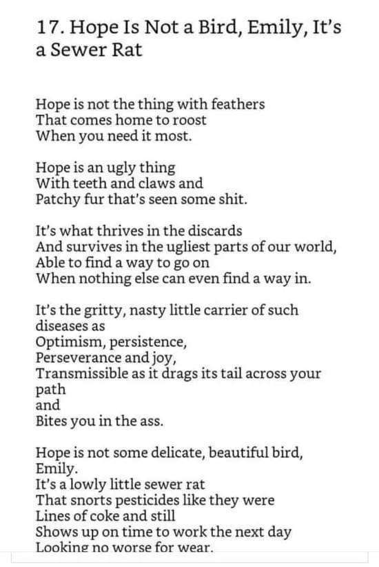 A black-and-white image displays a poem titled '17. Hope Is Not a Bird, Emily, It's a Sewer Rat,' which reimagines Emily…