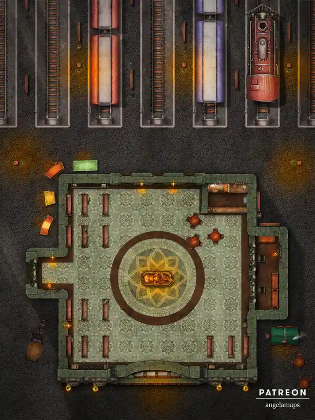 An overhead view of a fantasy tavern with tiled floors, tables, and a central mosaic, surrounded by train tracks with steam…