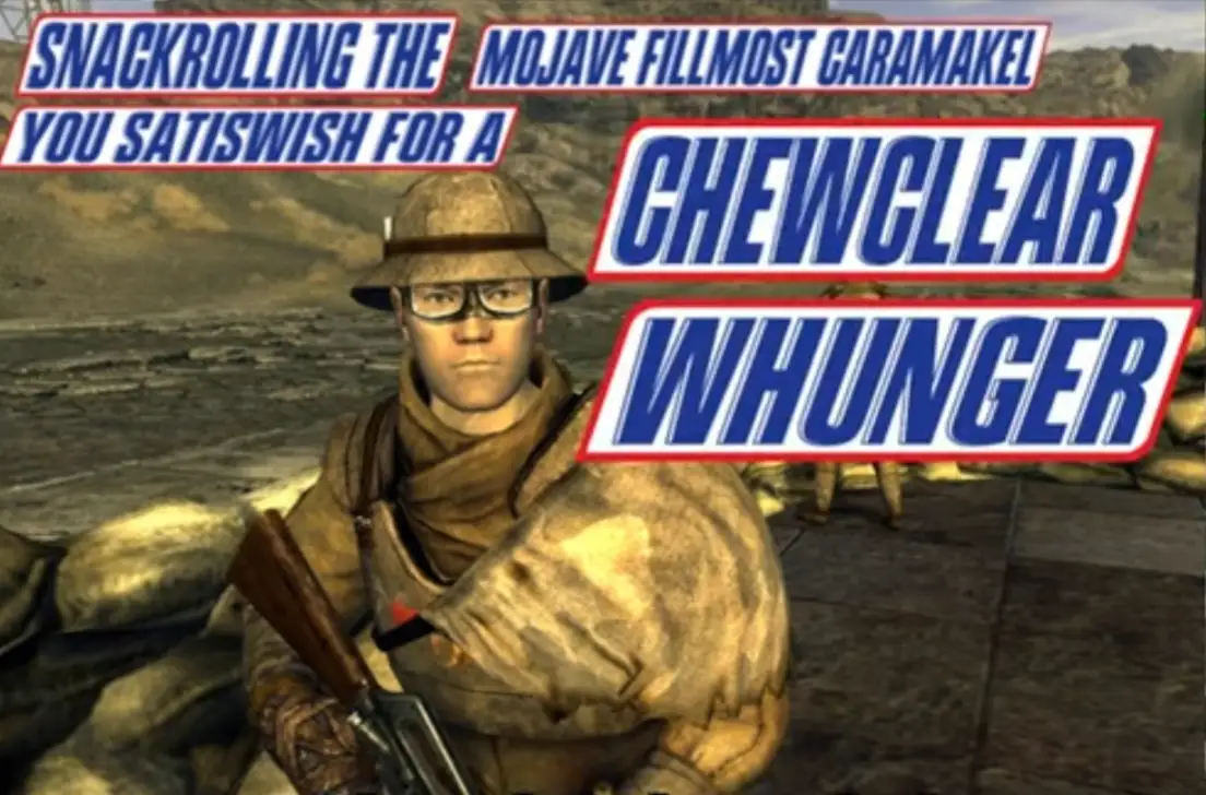 A soldier in desert gear holding a rifle, overlaid with bold blue text reading 'SNACKROLLING THE MOJAVE FILLMOST CARAMEKEL…