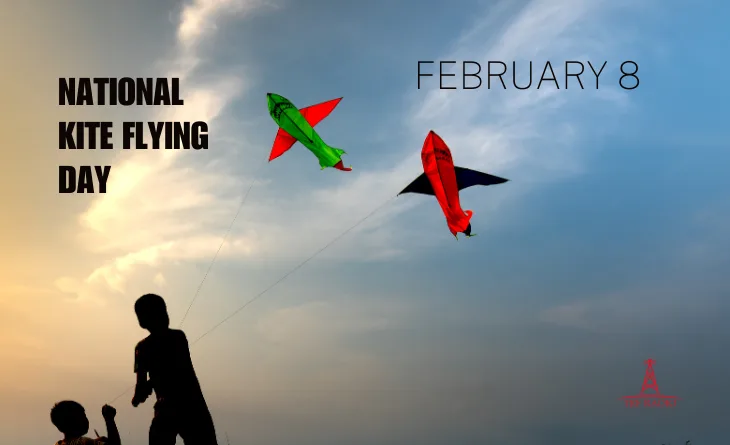 The image shows two children silhouetted against a sunset sky, flying two colorful kites shaped like rockets. Text overlaid…