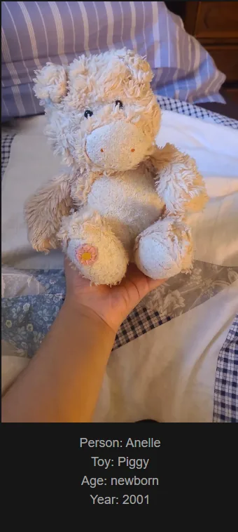 A person's hand holds a well-loved, shaggy, light-brown teddy bear with a small pink flower on its left foot, sitting on a…