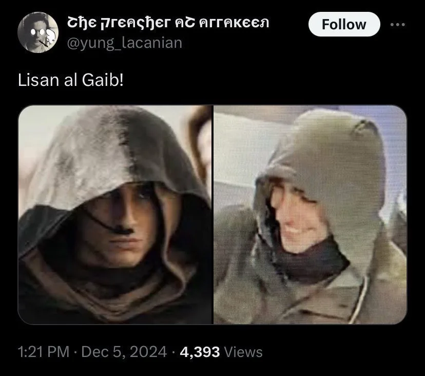 The image displays a side-by-side comparison: on the left, a serious-looking man in a dark hooded robe with a mustache…