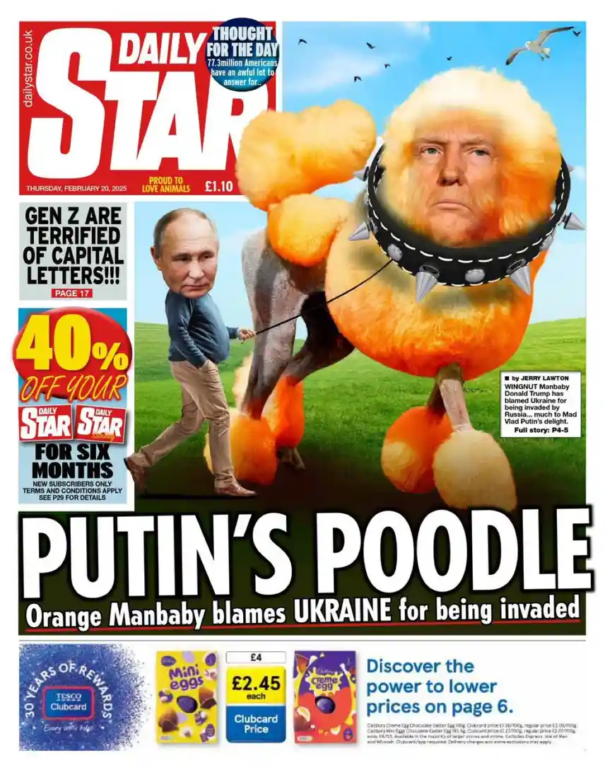 A satirical Daily Star newspaper front page shows a caricature of Vladimir Putin walking a giant, fluffy orange dog with…