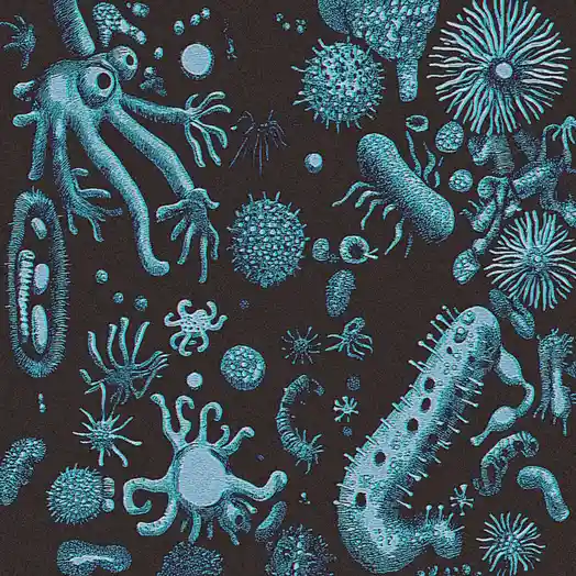 A black background filled with various stylized, glowing blue microscopic organisms like bacteria, amoebas, and viruses…