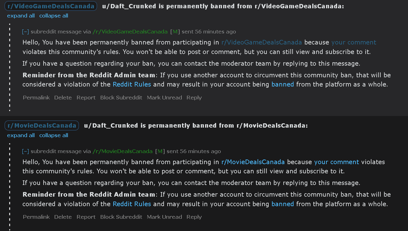 The image displays two identical Reddit ban messages side-by-side, one from r/VideoGameDealsCanada and the other from…