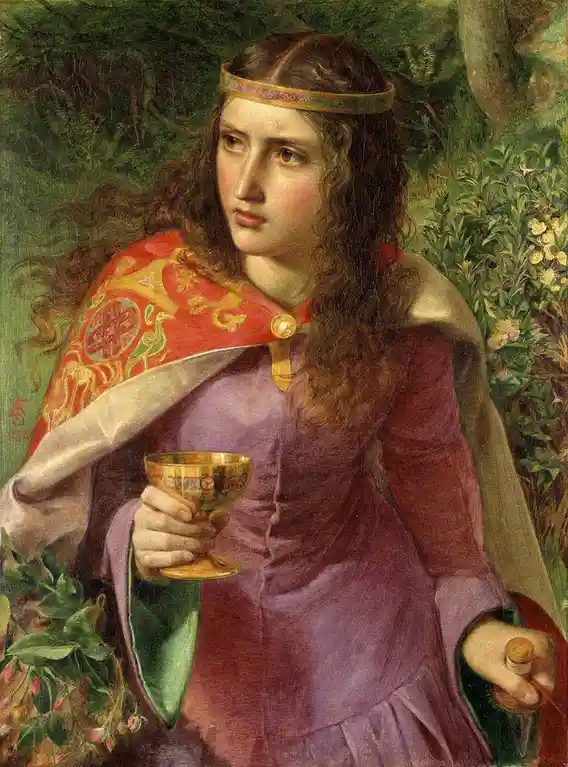 A classical painting depicts a woman in medieval-style attire holding a golden goblet and a small bottle, standing in a lush…