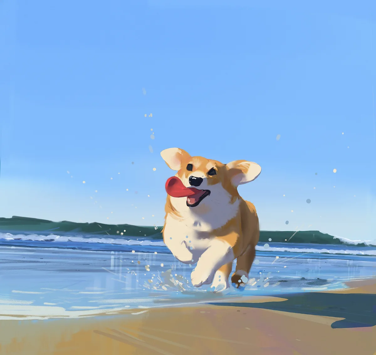 A digital illustration shows a tan and white corgi running joyfully through shallow ocean water on a sunny beach, its long…