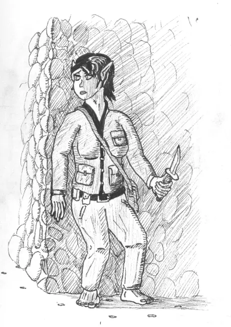 A black-and-white sketch shows a tired-looking elf with pointed ears, wearing a vest and pants, holding a knife while…