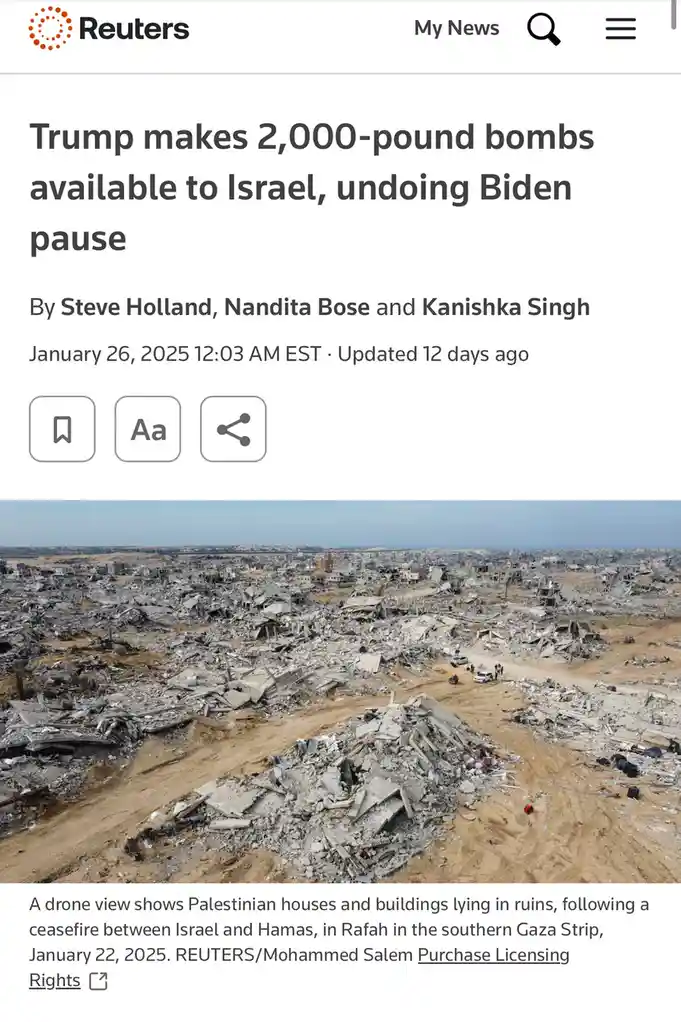 A Reuters news article screenshot shows a headline claiming Trump made 2,000-pound bombs available to Israel, undoing a…