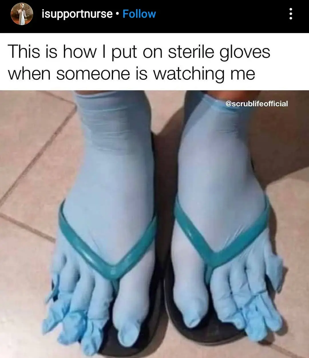 A close-up photo shows a person's feet wearing blue medical-style gloves that are pulled up over their ankles and stretched…