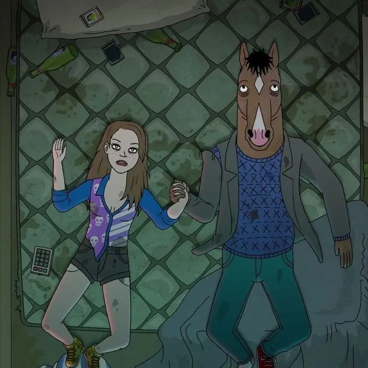 Two cartoon characters, a human woman and a horse man, are lying on a messy floor with empty bottles and phones around them…