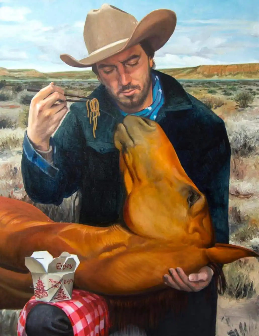 A cowboy in a desert landscape, wearing a hat and blue shirt, is eating noodles with chopsticks while a horse leans its head…