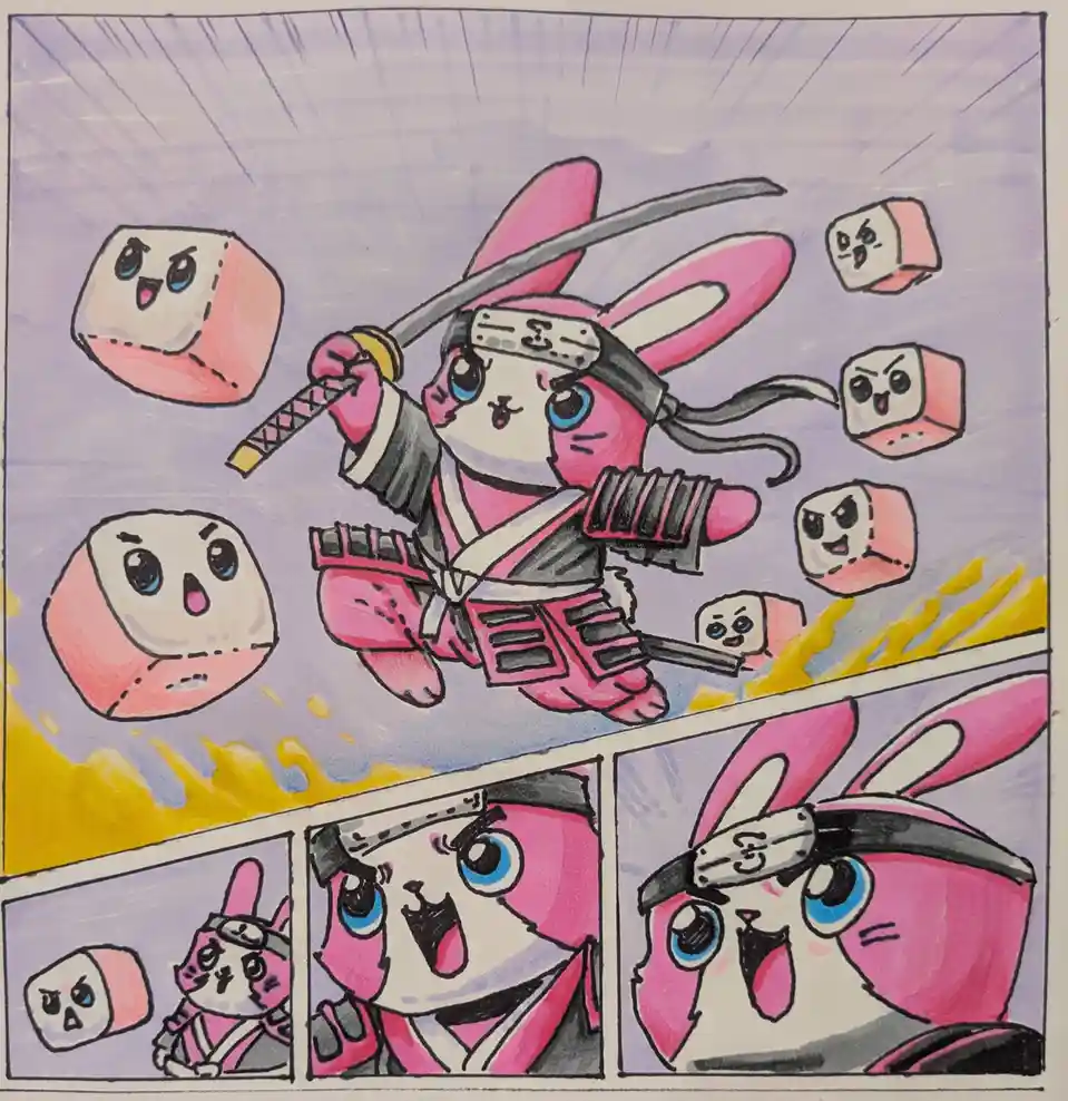 A hand-drawn comic depicts a pink rabbit ninja in a dynamic pose, wielding a sword while surrounded by floating…