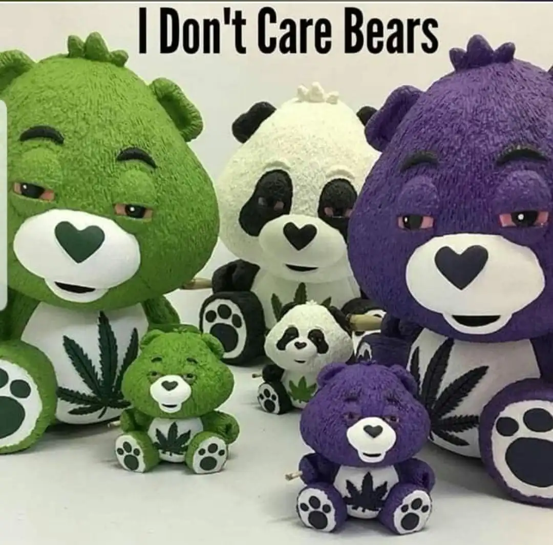 A group of plush Care Bears, including green, purple, and panda versions, are shown with tired, unimpressed expressions…