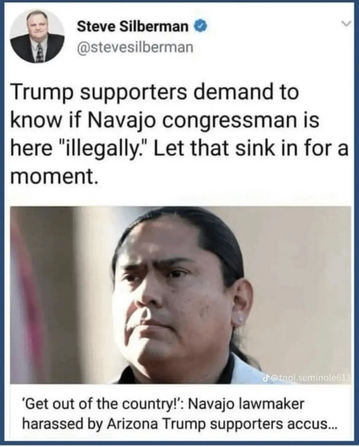 A screenshot of a tweet by Steve Silberman shows a photo of Navajo Congressman Sharice Davids with a skeptical or…