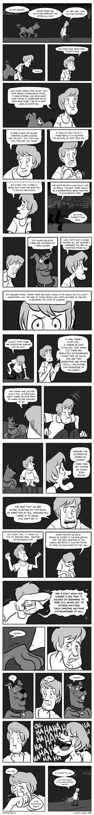 A black-and-white comic strip featuring Scooby-Doo and Shaggy reflecting on their adventures, lamenting that every mystery…