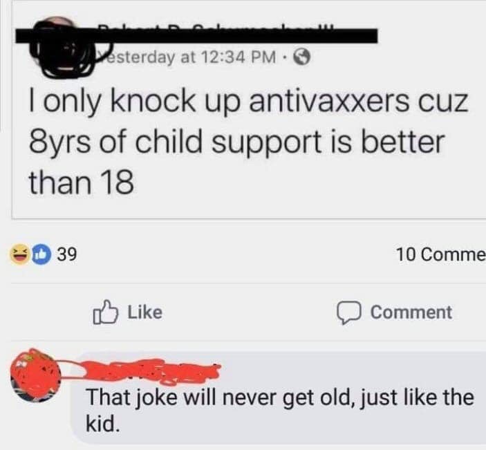 A screenshot of a Facebook comment thread where the top comment reads 'I only knock up antivaxxers cuz 8yrs of child support…