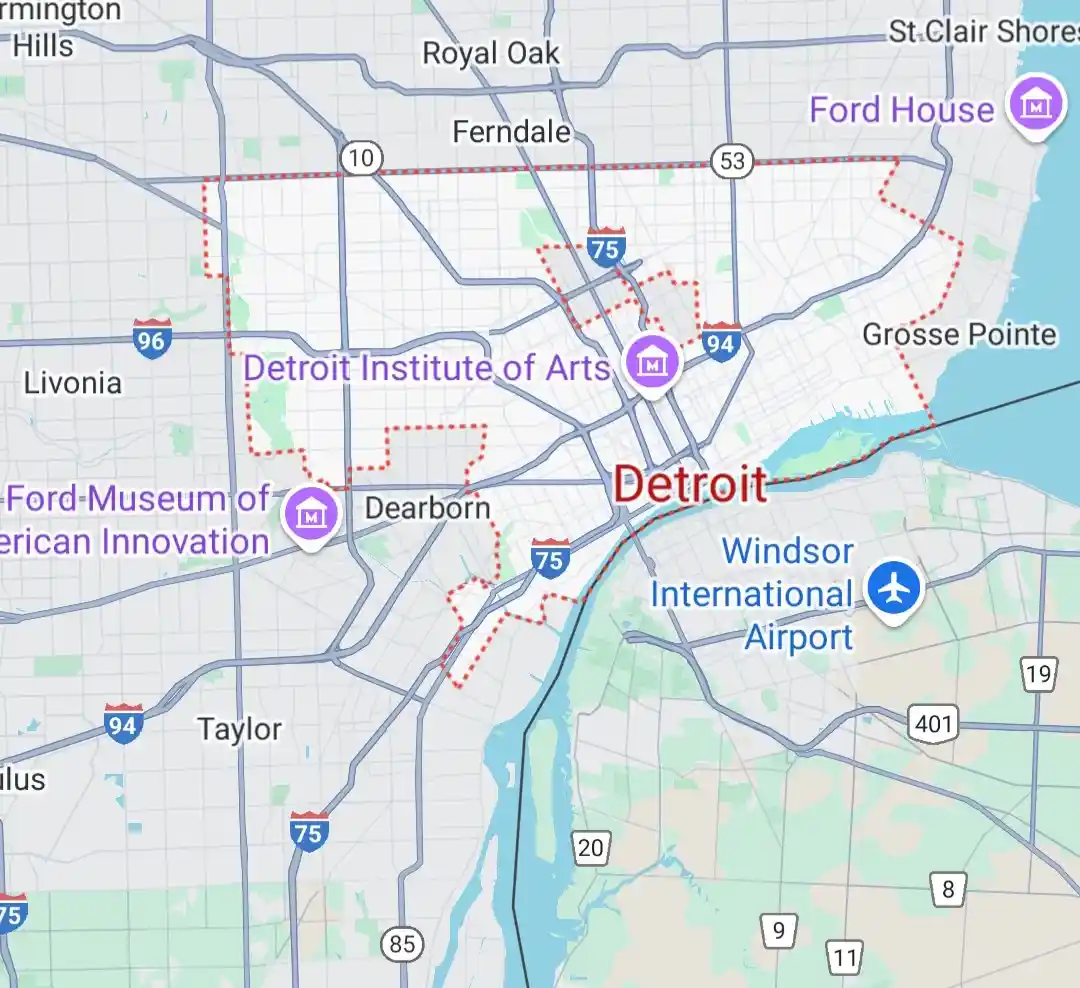 A map of the Detroit metropolitan area highlights the city of Detroit in red text, surrounded by suburbs and landmarks like…