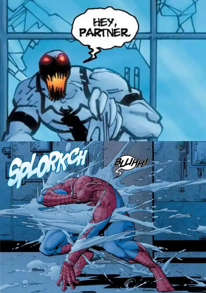 The image is split into two comic panels. The top panel shows Venom, a white-suited symbiote with glowing red eyes and a…