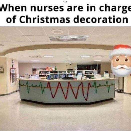 An image of a hospital reception desk decorated with red and green garlands shaped like an erratic heartbeat line. A cartoon…
