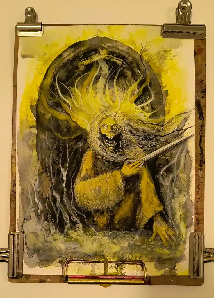 A watercolor painting of a grotesque, yellow-skinned, skeletal figure with wild hair and a wide, toothy grin, holding a…