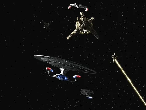 The image shows a Starfleet ship in space being attacked by multiple enemy ships firing lasers. The sequence progresses from…