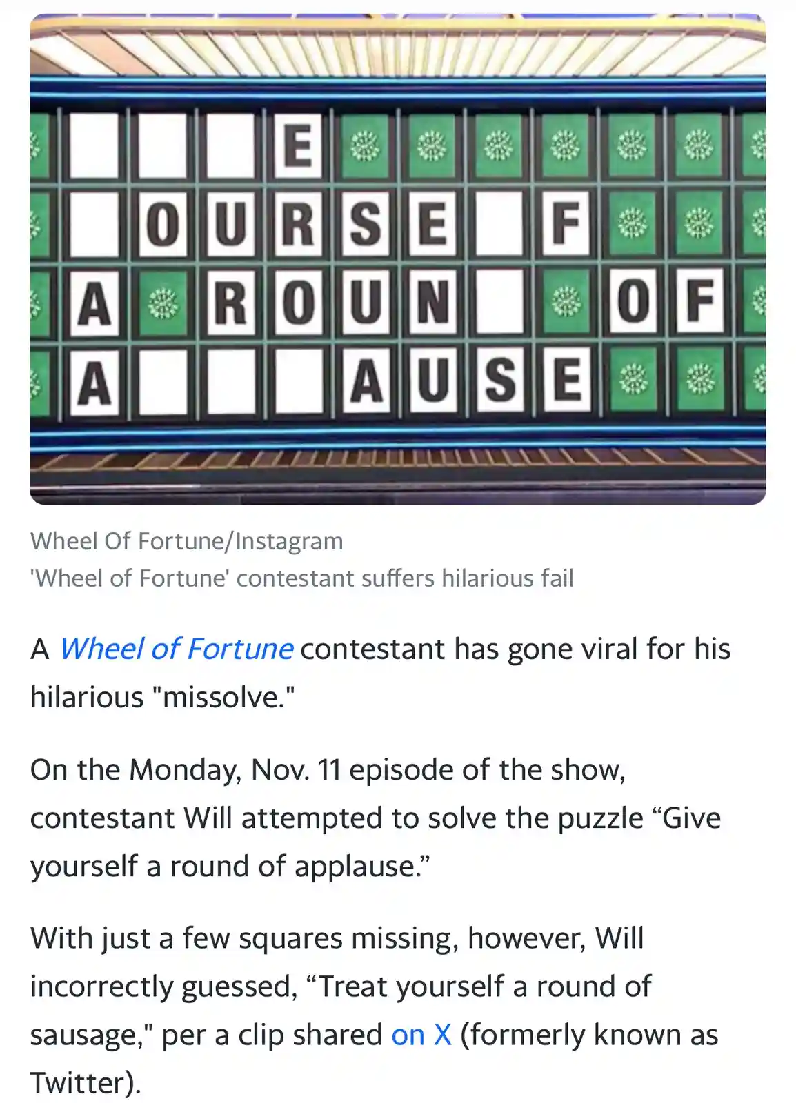 The image shows a 'Wheel of Fortune' game board with letters arranged to spell 'course of a cause', with several blank…