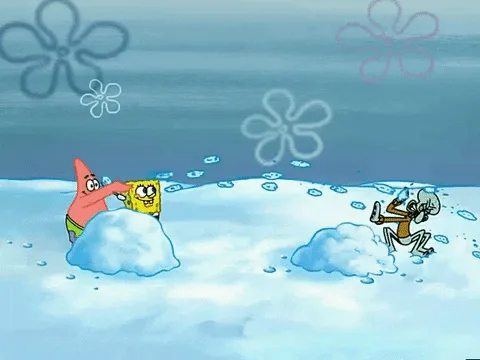 This image is a six-panel comic strip from SpongeBob SquarePants, showing Patrick and SpongeBob building a snowman while…
