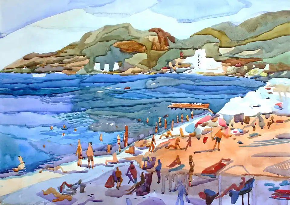 A watercolor painting depicts a bustling beach scene with many people swimming, sunbathing, and walking along the shore, set…