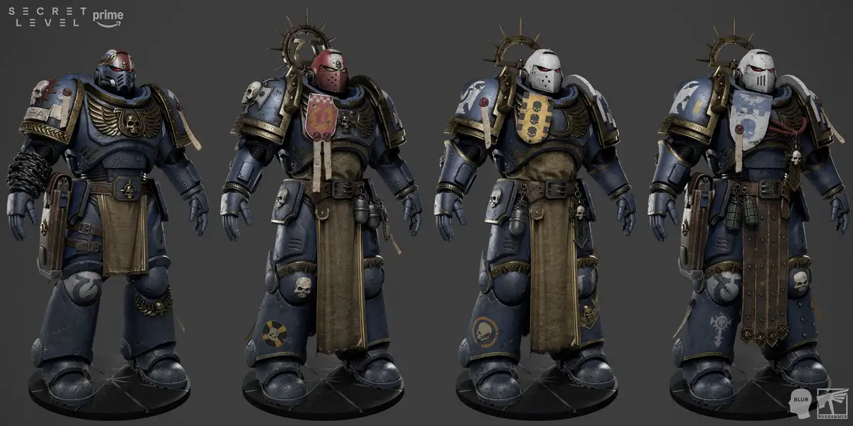 Four identical-looking armored space marines stand side-by-side, each with slightly different helmet colors and chest plate…