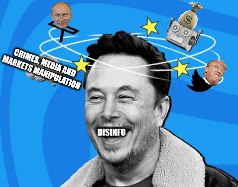 A black-and-white photo of Elon Musk smiling, with his head surrounded by orbiting elements: a robot holding a money bag, a…