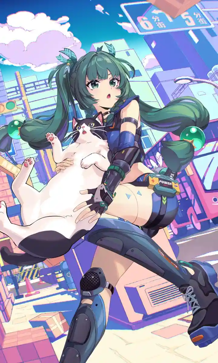 An anime-style girl with green pigtails and futuristic gear holds a surprised black-and-white cat in a vibrant, stylized…