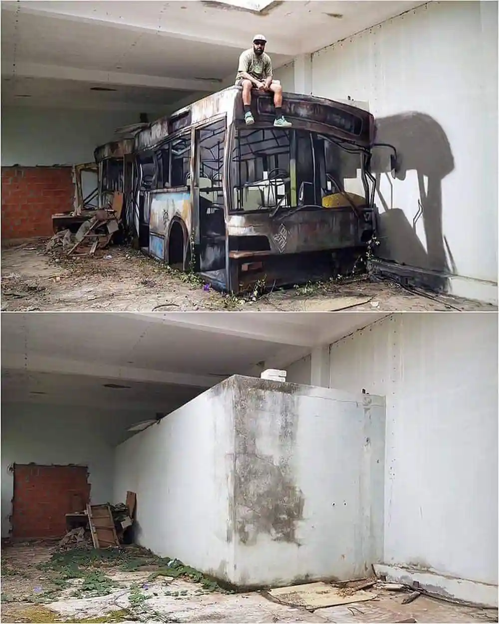 The top panel shows a man sitting atop a burnt-out, rusted bus inside a dilapidated building. The bottom panel reveals the…