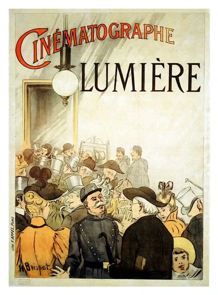 A vintage 1895 French poster for the Lumière Cinematograph, depicting a crowd of people in 19th-century attire watching a…