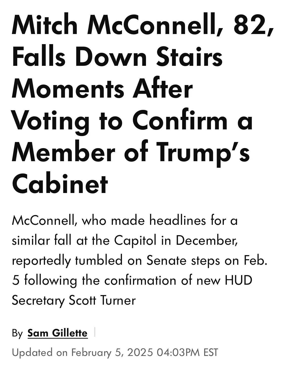 The image displays a news article headline stating that Mitch McConnell, 82, fell down stairs moments after voting to…