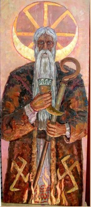 a religious painting depicts a bearded, elderly man in ornate robes holding a staff and a chalice, with a large golden…