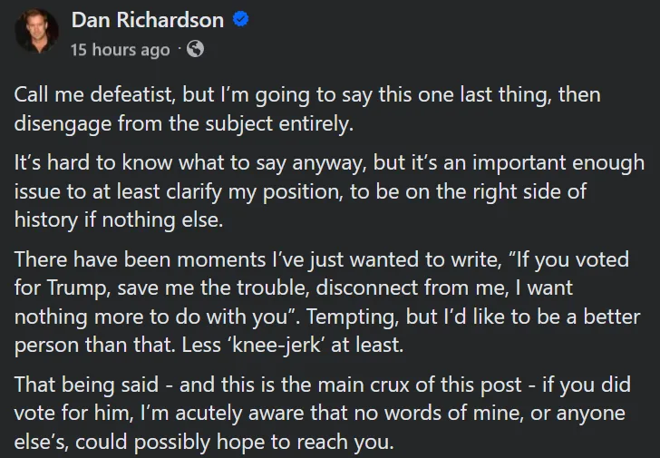 A screenshot of a social media post by Dan Richardson, showing his text in white font on a dark background. The post…