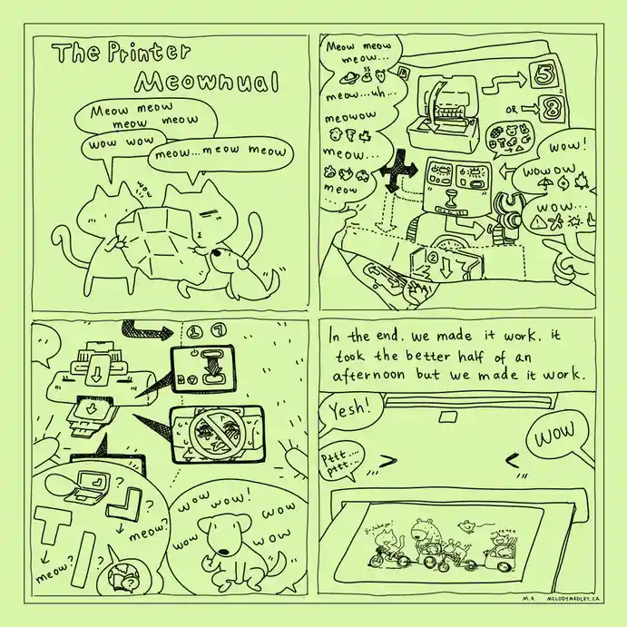 A four-panel comic strip in a simple black-and-white line art style on a light green background, depicting cats and a dog…