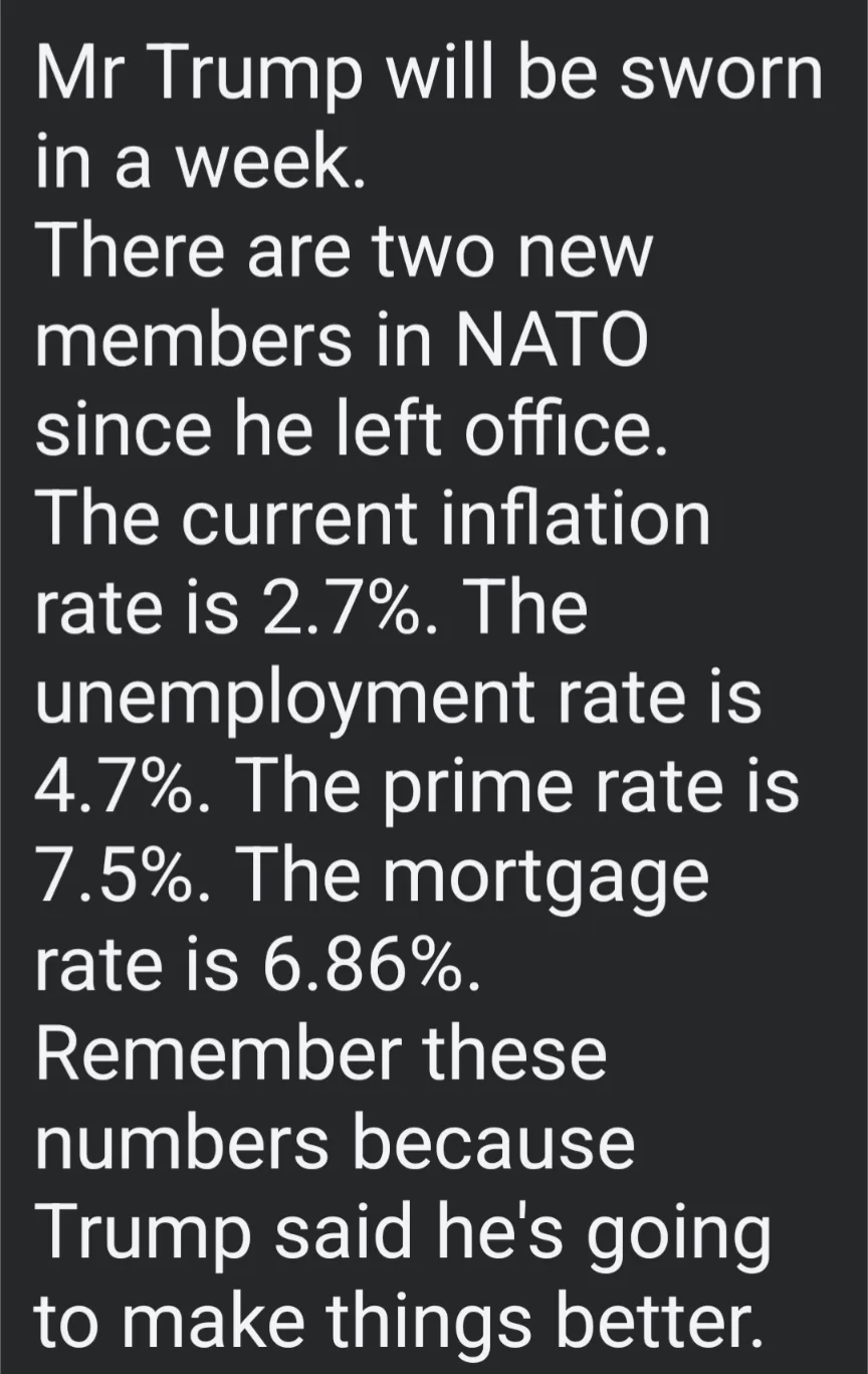 The image displays a black background with white text listing economic and geopolitical statistics, including inflation…