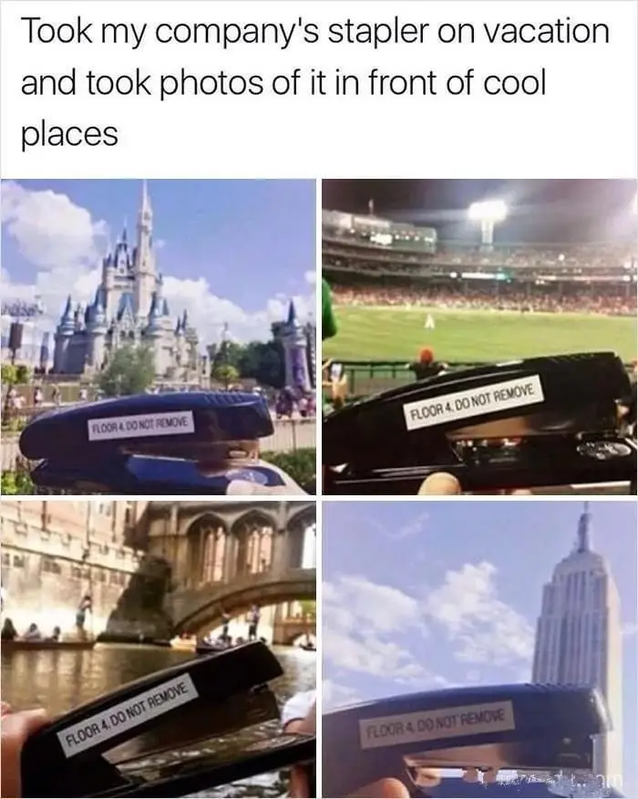A collage of four photos shows a black office stapler with a white sticker reading 'FLOOR 4. DO NOT REMOVE' held in front of…
