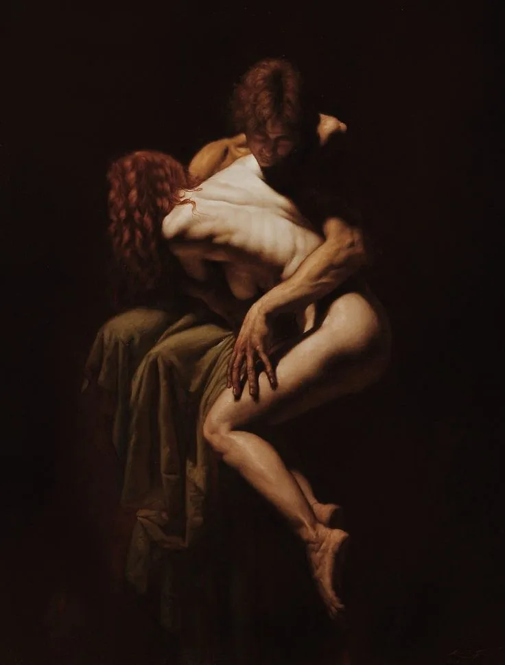 A dramatic, chiaroscuro-style painting depicts a muscular man holding a nude woman in a passionate embrace against a dark…