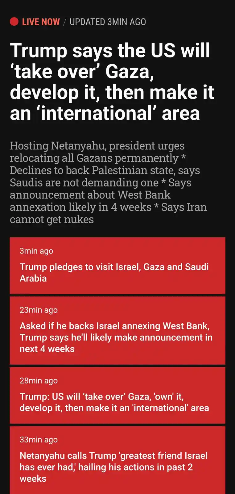 A screenshot of a news feed showing a headline about Trump's controversial plan to 'take over' Gaza, develop it, and make it…