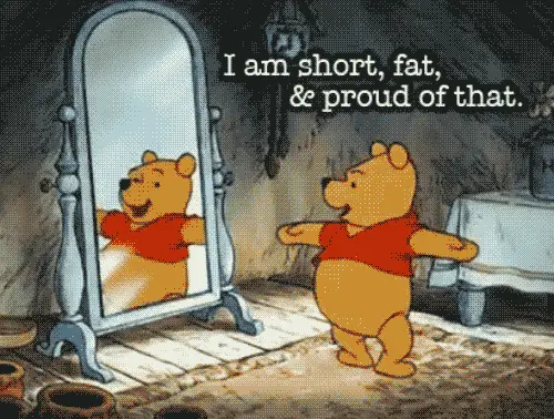 A six-panel comic strip featuring Winnie the Pooh dancing joyfully in front of a mirror in his bedroom. In each panel, Pooh…